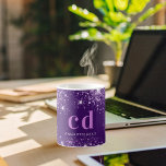 Purple glitter monogram name coffee mug<br><div class="desc">A girly and trendy monogrammed mug. A chic deep purple background decorated with faux glitter drops,  dust. Personalise and add a name and monogram initials. Purple and white coloured letters.</div>