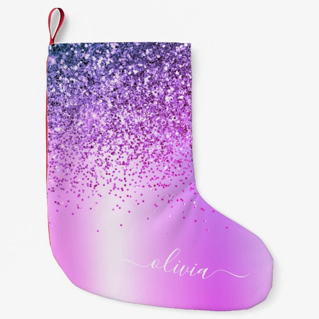 Purple Glitter Monogram Name Luxury Girly Small Christmas Stocking (Front)