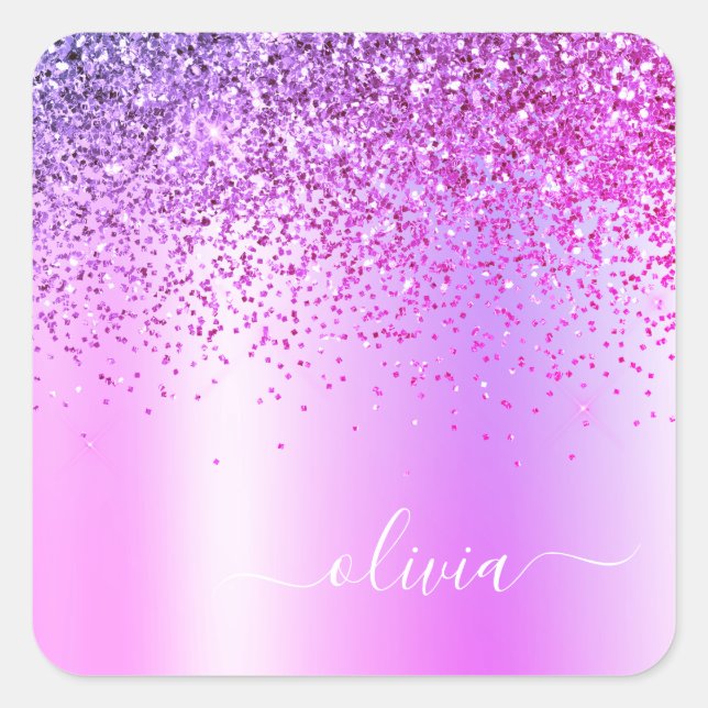 Purple Glitter Monogram Name Luxury Girly Square Sticker (Front)