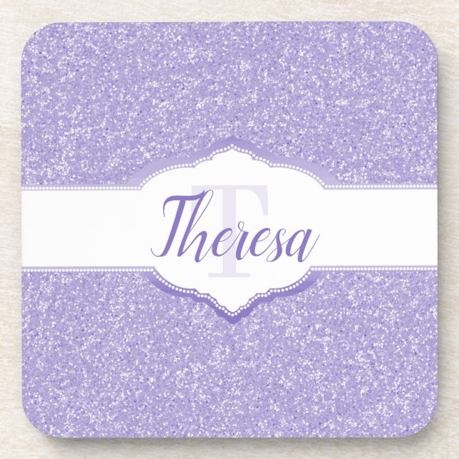 Purple Glitter Monogram Plastic Coaster (Front)