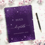 Purple glitter name script 2023 planner<br><div class="desc">Deep purple background, white text. Decorated with faux glitter dust. Personalize and add a year, your first name and a title. The name is written with a modern hand lettered style script with swashes. To keep the swashes only delete the sample name, leave the spaces or emoji's in front and...</div>
