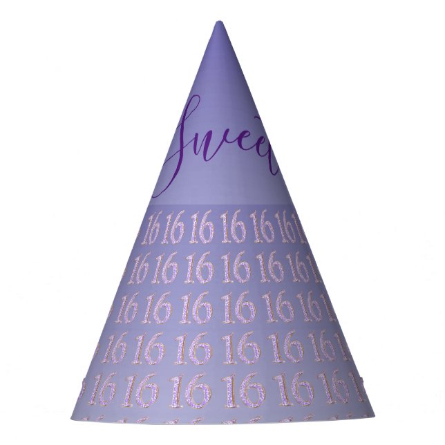 Purple Glitter Number 16, Sweet 16 Birthday Party Hat (Front)