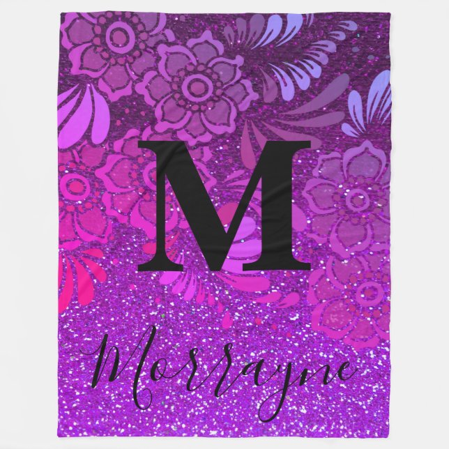 Purple Glitter Ombre Boho Chic Floral Monogram Fleece Blanket (Front)