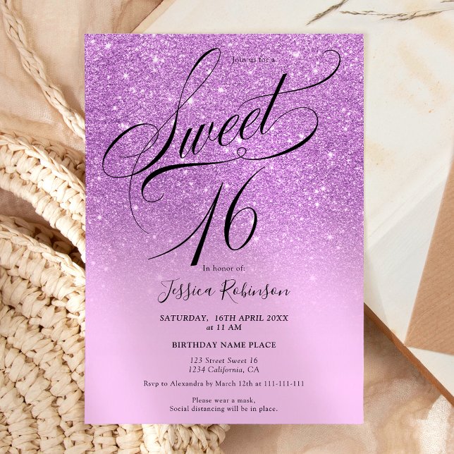  Purple glitter ombre chic script Sweet 16 Invitation (Purple glitter ombre chic script Sweet 16 Invitation)