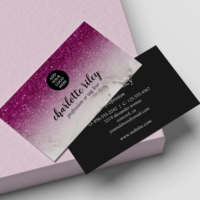 Purple Glitter Ombre Cursive Add your Logo Glam Business Card (Creator Uploaded)