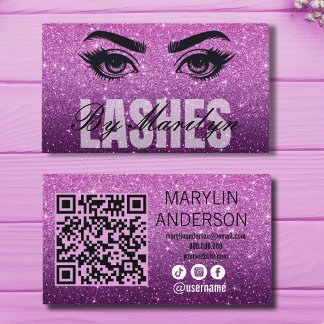 Purple Glitter Ombre Lash Business with QR Code Business Card