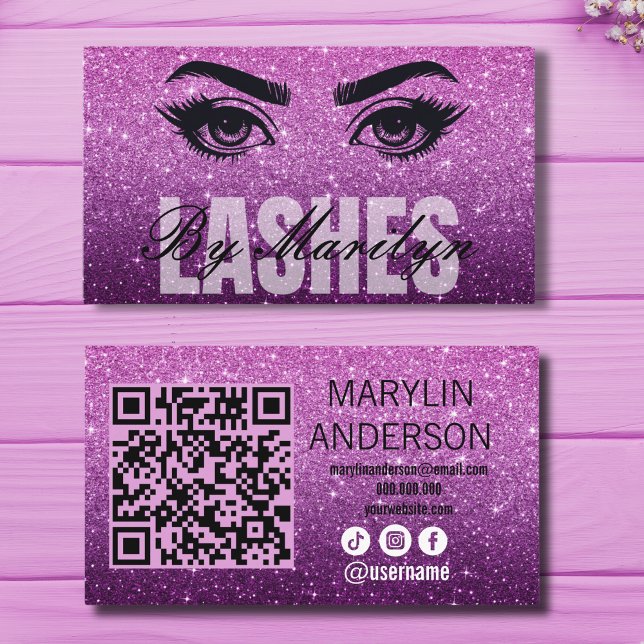 Purple Glitter Ombre Lash Business with QR Code Card (Creator Uploaded)