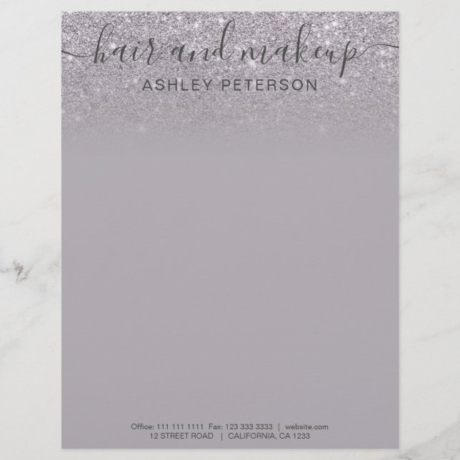 Purple glitter ombre lavender hair makeup custom letterhead (Front)