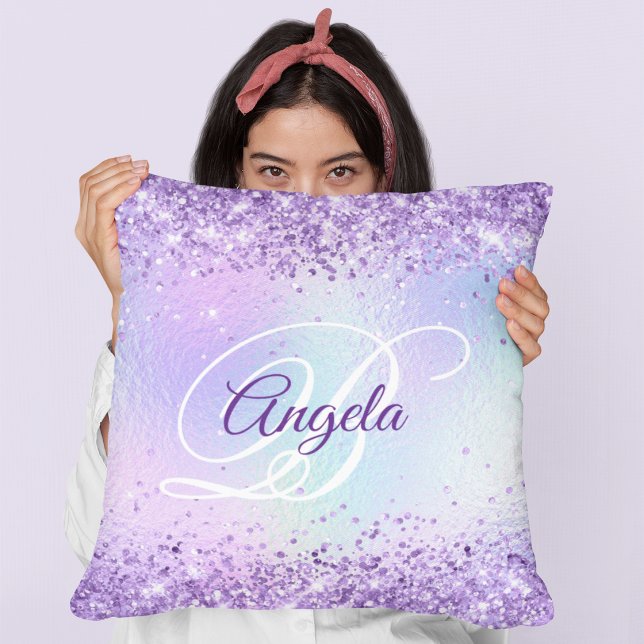 Purple Glitter Pale Iridescent Fancy Monogram Cushion (Purple Glitter Pale Iridescent Fancy Monogram Throw Pillow)