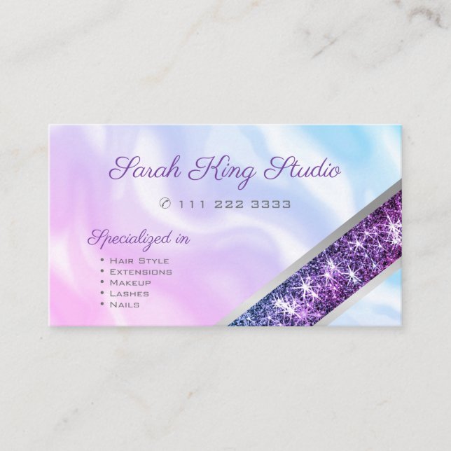 Purple Glitter Pastel Pink Blue Ombre Watercolor Business Card (Front)