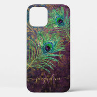 Purple Glitter Peacock Feathers Elegant Monogram