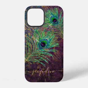 Purple Glitter Peacock Feathers Elegant Monogram iPhone 12 Case