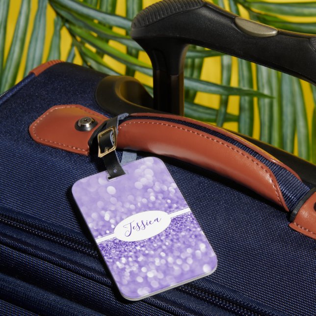 Purple Glitter Personalise Luggage Tag (Front Insitu 1)