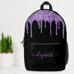 Purple Glitter Personalised Printed Backpack<br><div class="desc">Personalised chic,  elegant and girly black backpack with purple faux glitter drips. Personalise with your name in a stylish trendy light purple script with swashes. You can adjust the size of the script font in the design tool for shorter or longer names.</div>