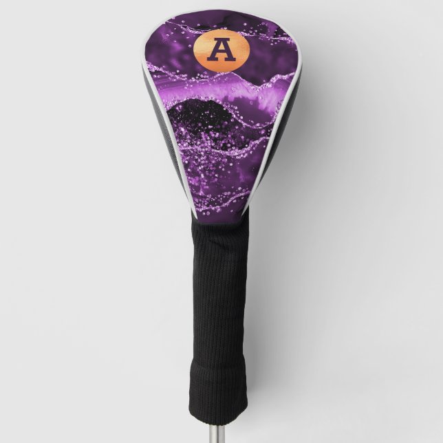 Purple glitter pink agate marble gold monogram golf head cover (Front)
