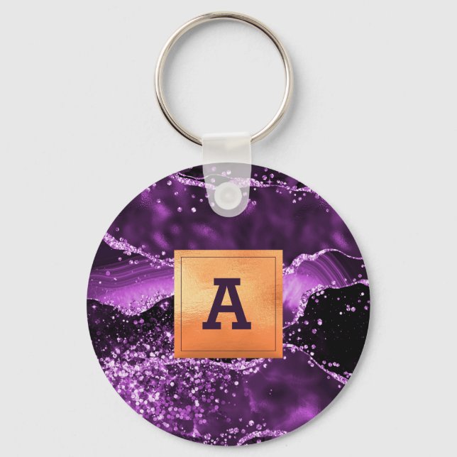Purple glitter pink agate marble gold monogram key ring (Front)