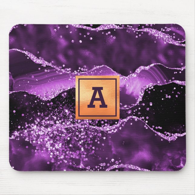 Purple glitter pink agate marble gold monogram mouse pad (Front)