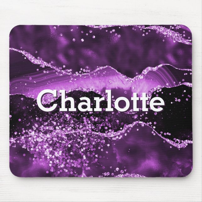 Purple glitter pink agate marble monogram name mouse pad (Front)