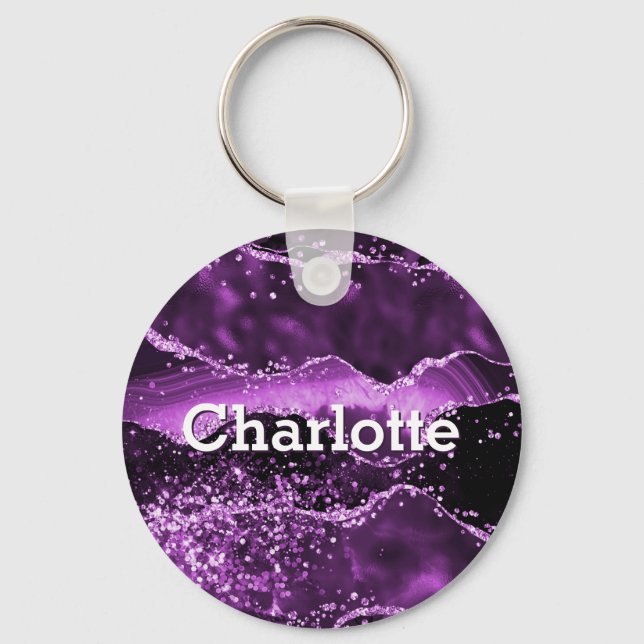 Purple glitter pink agate marble name key ring (Front)