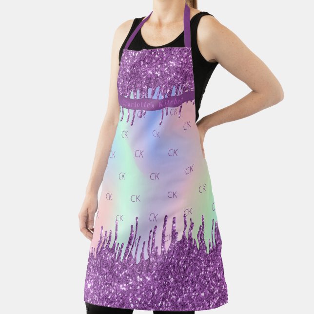 Purple glitter pink holographic monogram initials apron (Insitu)