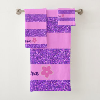 Purple Glitter Pink Stripes & Flowers Custom Kid's Bath Towel Set