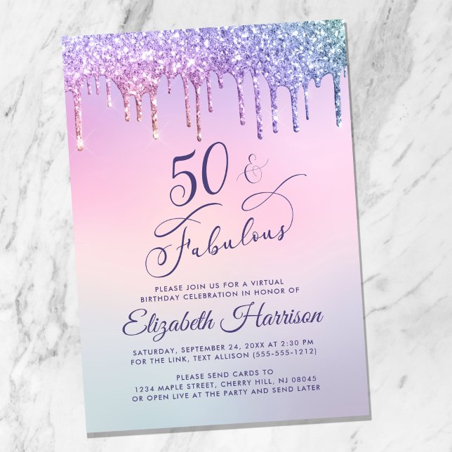 Purple Glitter Pink Virtual 50th Birthday Party Invitation (Creator Uploaded)