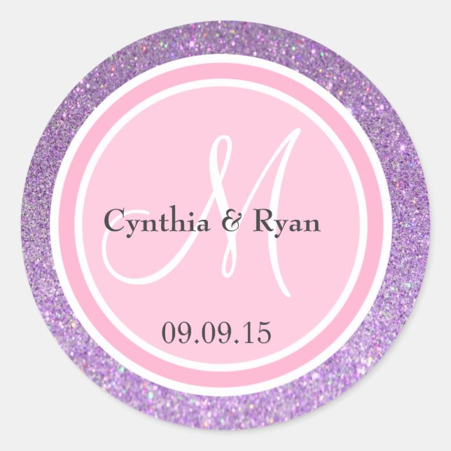Purple Glitter & Pink Wedding Monogram Classic Round Sticker (Front)