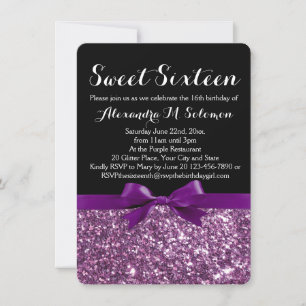 Purple Glitter Print Bow Sweet 16 Party Invitation