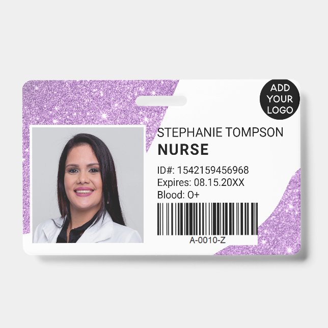Purple glitter professional nurse photo logo code ID badge (Front)