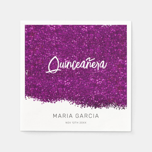 Purple Glitter Quinceañera Custom Name Napkin (Front)