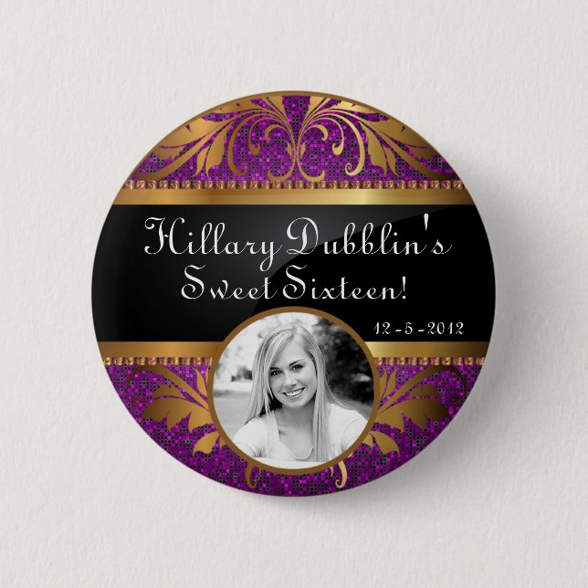 Purple Glitter Sequin Disco Glitz Photo Button (Front)