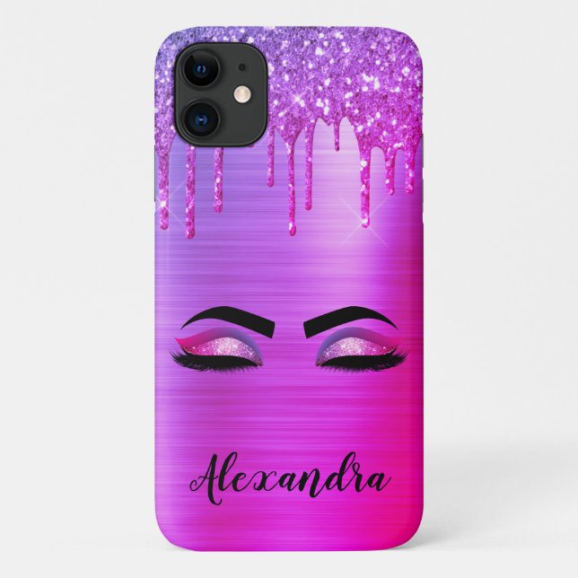 Purple Glitter Sparkle Eyelashes Monogram Name Case-Mate iPhone Case (Back)