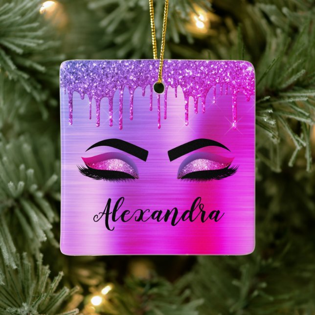Purple Glitter Sparkle Eyelashes Monogram Name Ceramic Ornament (Tree)