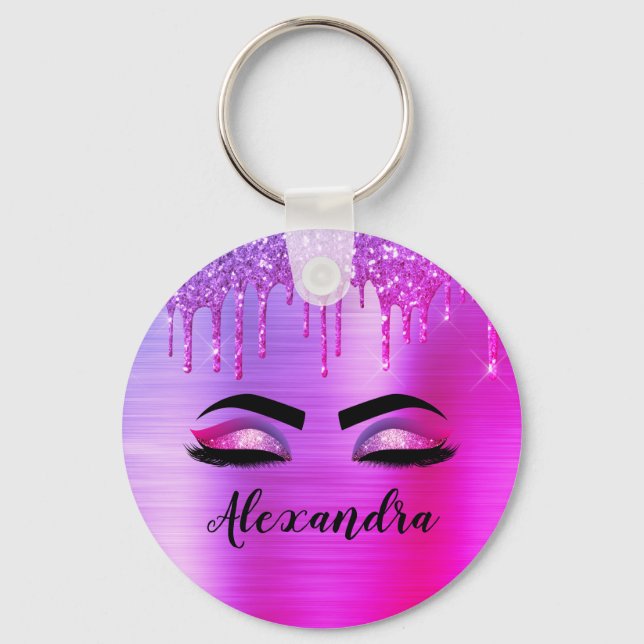Purple Glitter Sparkle Eyelashes Monogram Name Key Ring (Front)