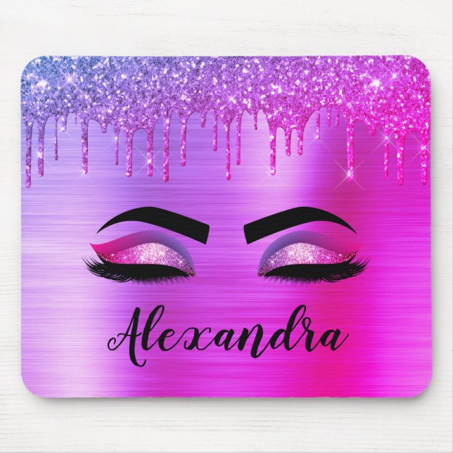 Purple Glitter Sparkle Eyelashes Monogram Name Mouse Pad (Front)