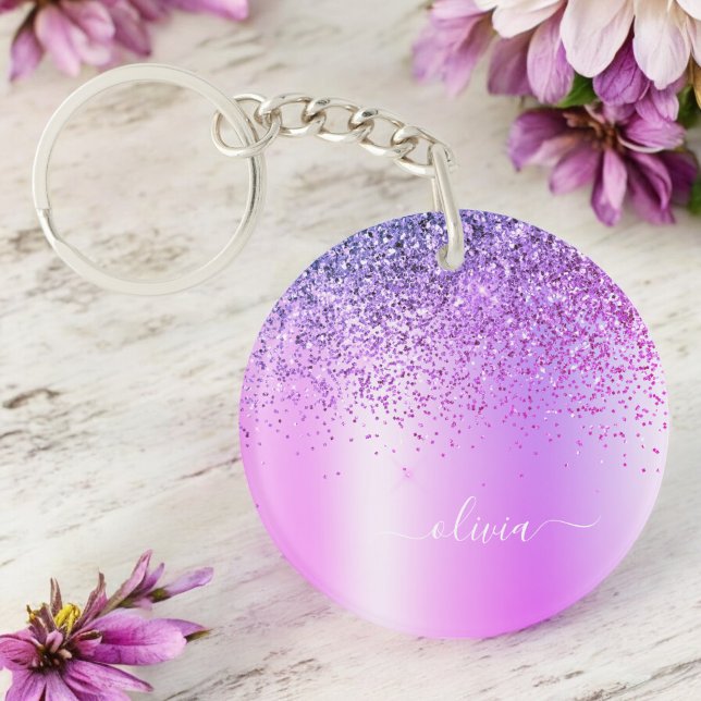 Purple Glitter Sparkle Glam Metal Monogram Name Key Ring (Creator Uploaded)