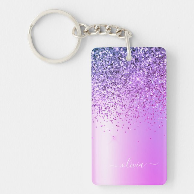 Purple Glitter Sparkle Glam Metal Monogram Name Key Ring (Front)
