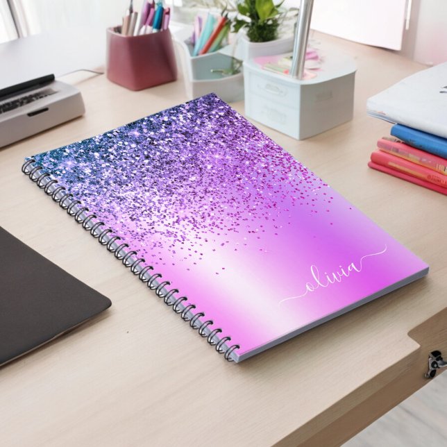 Purple Glitter Sparkle Glam Metal Monogram Name Notebook (Creator Uploaded)