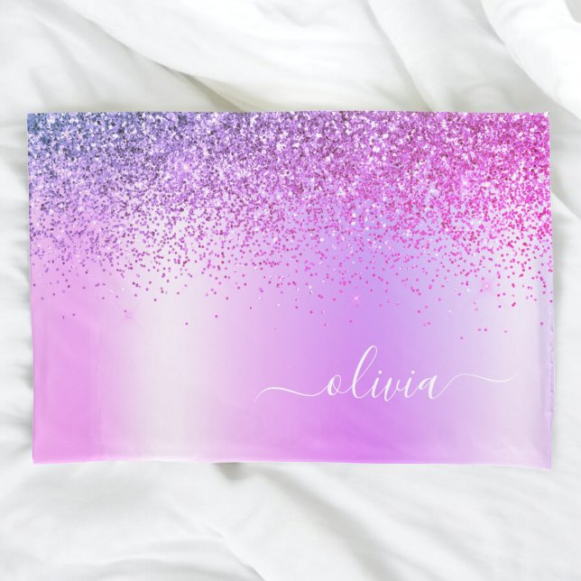 Purple Glitter Sparkle Glam Metal Monogram Name Pillowcase (Creator Uploaded)