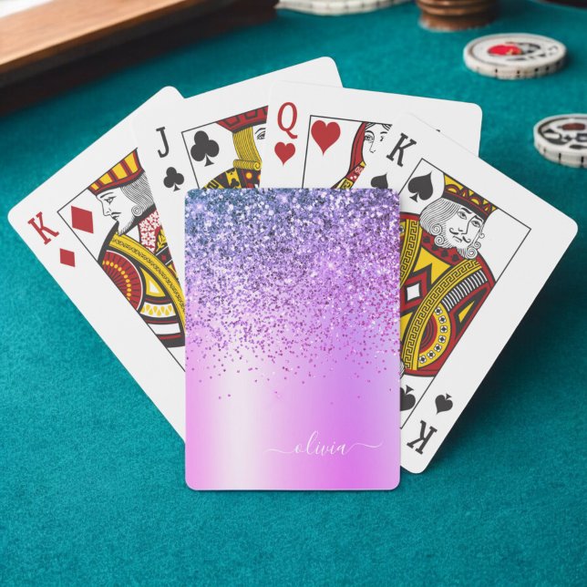 Purple Glitter Sparkle Glam Metal Monogram Name Playing Cards (Creator Uploaded)