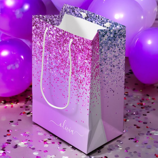 Purple Glitter Sparkle Metal Monogram Name Medium Gift Bag (Creator Uploaded)