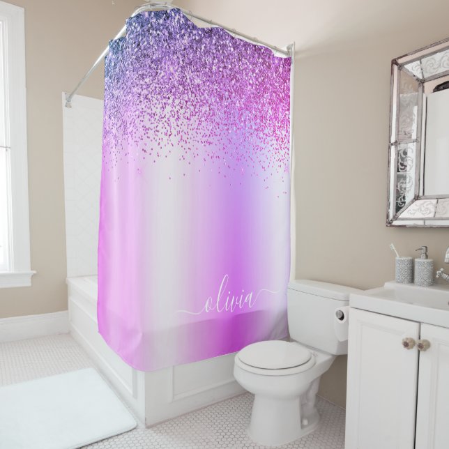 Purple Glitter Sparkle Metal Monogram Name Shower Curtain (In Situ)