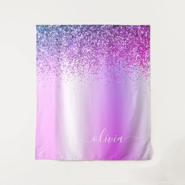 Purple Glitter Sparkle Metal Monogram Name Tapestry (Front)