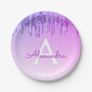 Purple Glitter & Sparkle Monogram Birthday Paper Plate