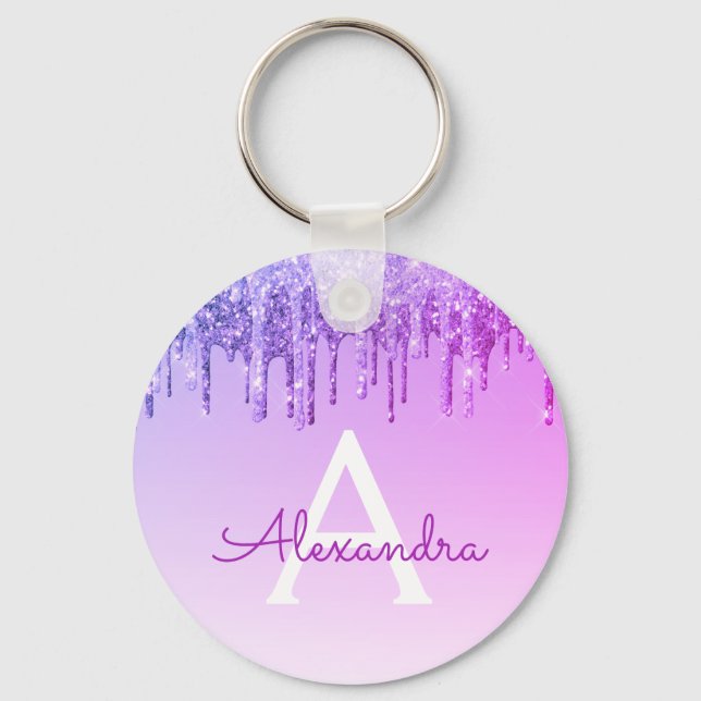 Purple Glitter & Sparkle Monogram Key Ring (Front)