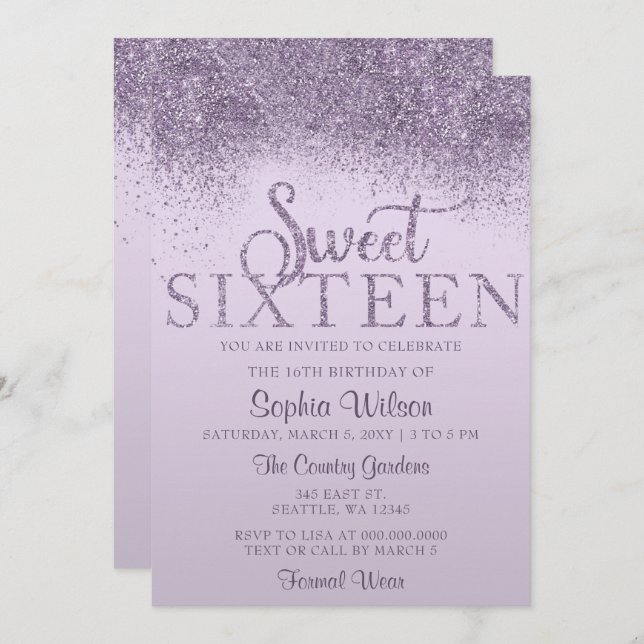 Purple Glitter Sparkle Sweet 16 Birthday  Invitation (Front/Back)