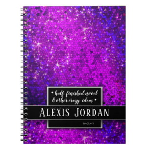 Purple Glitter Sparkles Black White Monogram Glam Notebook