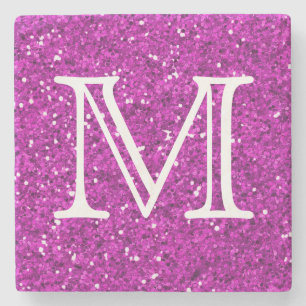 Purple Glitter Square Monogram Personalised Stone Coaster