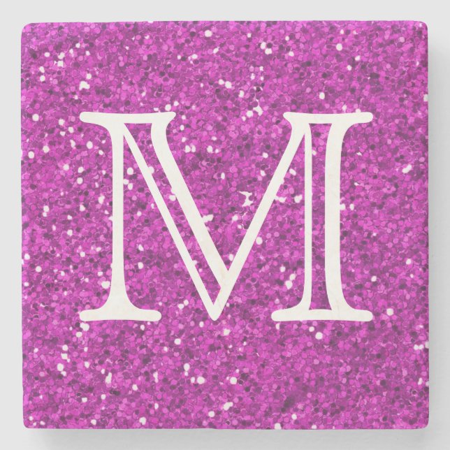 Purple Glitter Square Monogram Personalised Stone Coaster (Front)