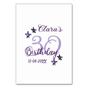 Purple glitter stars 30th birthday modern retro table number